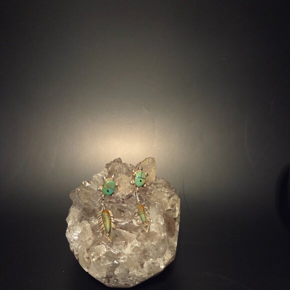 Authentic Zuni / Navajo Sterling Silver Inlay Feather Dangle Earrings (Signed FW - Picture 4 of 4